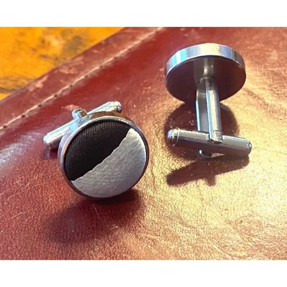 VTG Silver Tone Cufflinks with Black and White Fabric Inserts